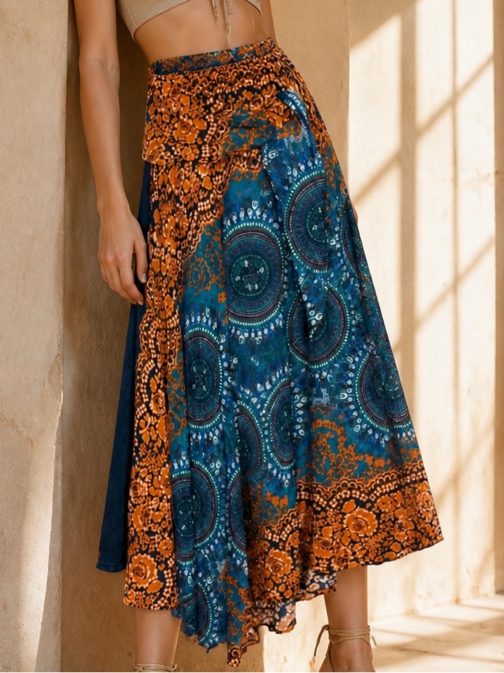 Boho Asymmetrical Wrap Skirt in Teal and Orange Rayon